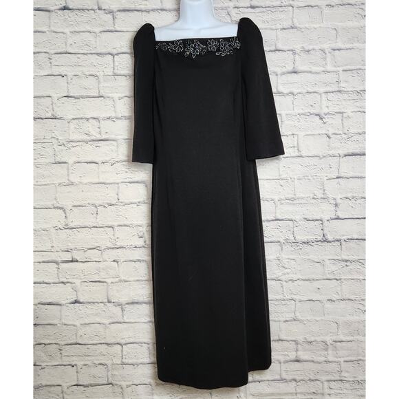 Doncaster Collection Dress Size 12 Black Wool Blend Floral Trim Square Neckline - Picture 1 of 10